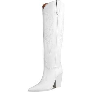 ISNOM Womens Size 7 White Faux Leather Knee High Chunky 4" Heel Cowboy Boots